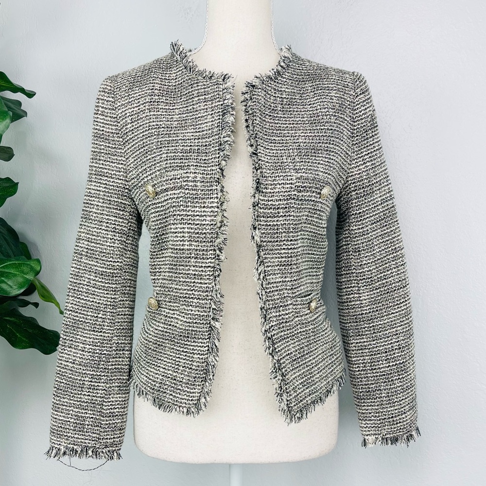 H&M Tweed Open Cream Black Gold Open Elegant Coat Blazer